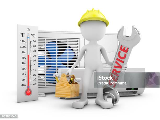 Man And Air Conditioner Stock Photo - Download Image Now - Air Conditioner, Repairing, Technician