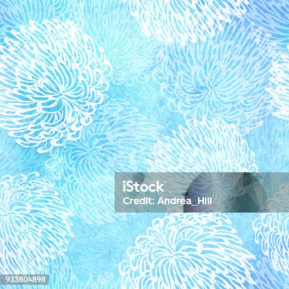 istock Dalhia Seamless Vector Pattern - Ink Drawing with Watercolor Texture 933804898
