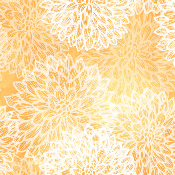 ilustrações de stock, clip art, desenhos animados e ícones de dalhia seamless vector pattern - ink drawing with watercolor texture - yellow chrysanthemum