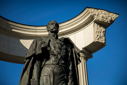 A monument to Alexander II stands outside the Cathedral of Christ the Savior in Moscow, Russia.