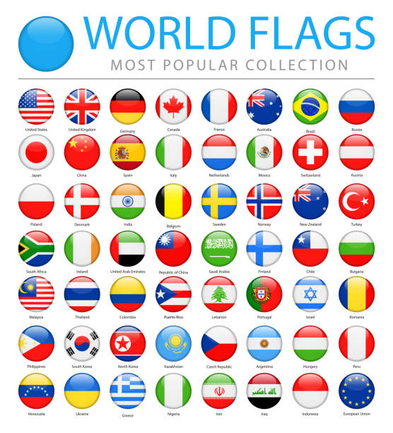 flagi świata - wektor okrągłe błyszczące ikony - najpopularniejsze - japan spain stock illustrations