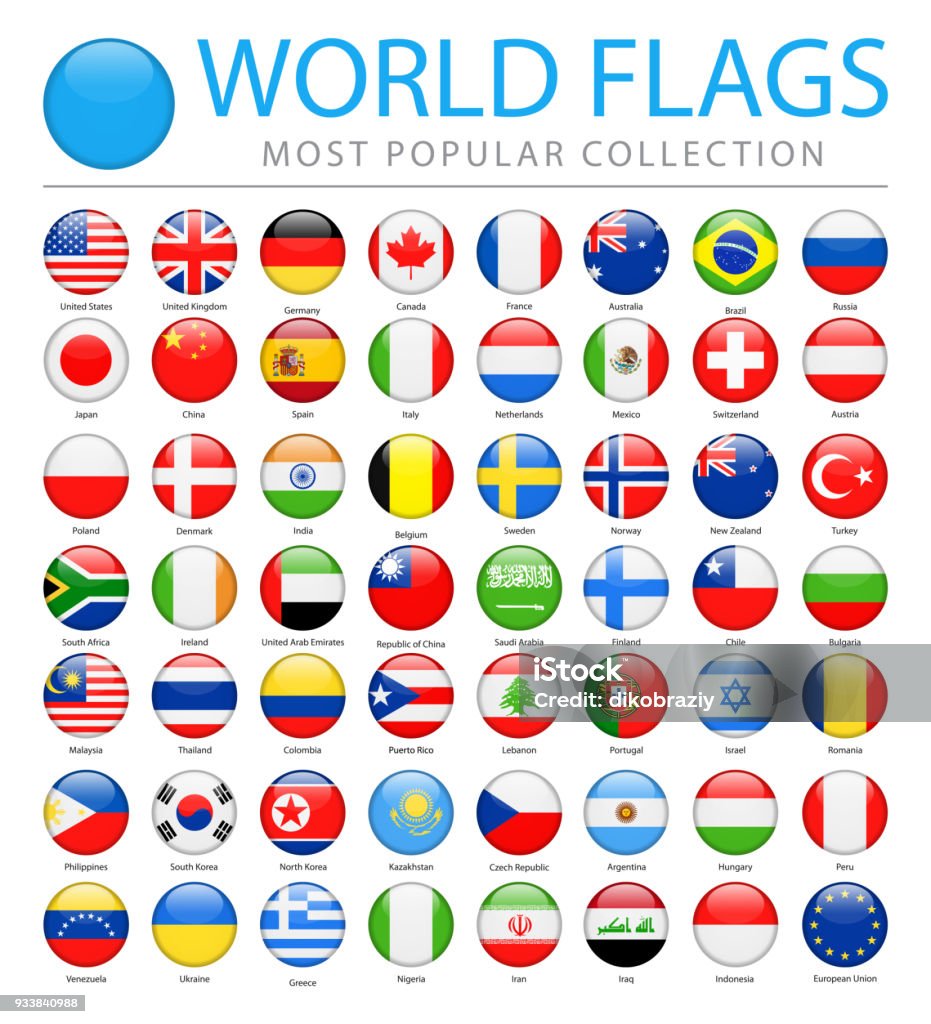 Мировые флаги - Вектор круглые глянцевые иконы - Самые популярные - Векторная графика Флаг роялти-фри