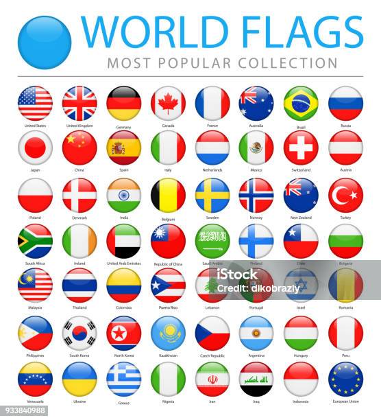 Мировые Флаги Вектор Круглые Глянцевые Иконы Самые Популярные — стоковая векторная графика и другие изображения на тему Флаг
