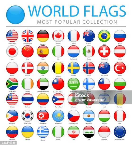 World Flags Vector Round Glossy Icons Most Popular Stock Illustration - Download Image Now