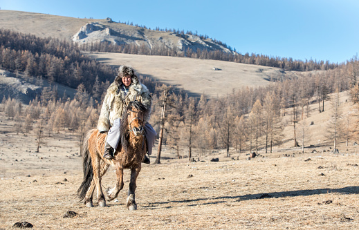 hombre mongol que llevaba una chaqueta de piel de lobo, montando su caballo en una estepa en Mongolia norteña photo