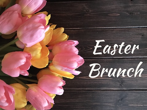 Illustration for Easter brunch sign with pink and yellow tulips.