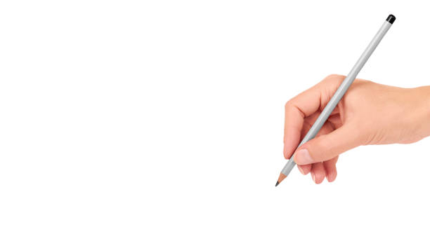 istock Gray pencil in hand for drawing isolated on white background. copy space, template 933856870