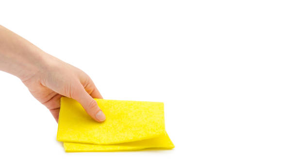istock female hand takes or gives rag. Isolated on white background. copy space, template. 933857044