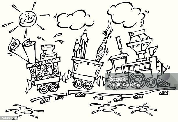Baby Train With Pencils And Brushesblack Stock Illustration - Download Image Now - Blob, Bright, Brushing