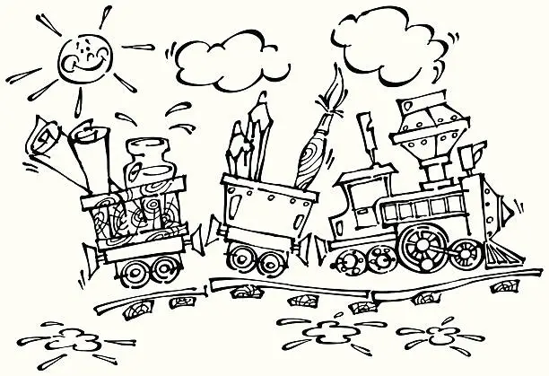 Vector illustration of Baby train with pencils and brushes_Black