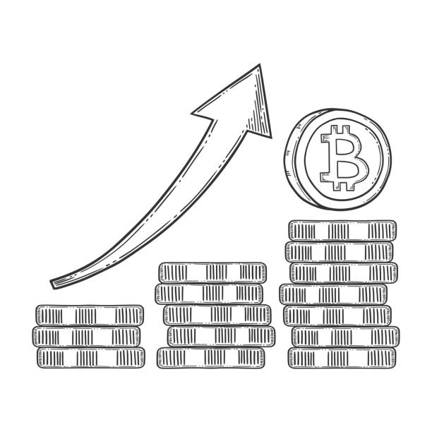 bitcoin-wachstum und steigerung lager vektor-bild, digitale währung, kryptowährung geld, bitcoin-symbol. doodle und gravierte stil illustration, wie von hand gezeichnet. isoliert auf weißem hintergrund - krypta stock-grafiken, -clipart, -cartoons und -symbole