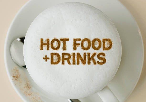 Latte with words 'hot food +drinks' stock photo