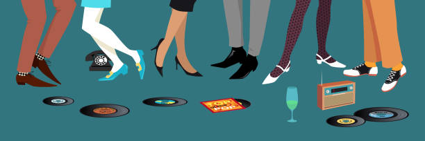 Early 1960s party Legs of people dancing and socializing at 1950s -  1960s party, vinyl records and transistor radio on the floor, EPS 8 vector illustration mod stock illustrations