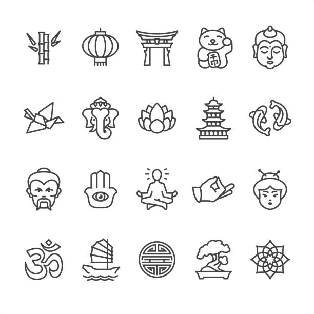 ilustrações de stock, clip art, desenhos animados e ícones de asia culture theme - outline vector icons - om mantra