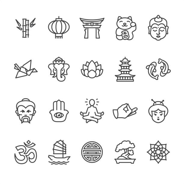 Asia culture theme - outline vector icons Asia culture theme related outline vector icon set.

20 Outline style black and white icons / Set #42
Pixel Perfect Principle - all the icons are designed in 64x64px grid, outline stroke 2px.

Complete Unico PRO collection - https://www.istockphoto.com/collaboration/boards/dB-NuEl7GUGbQYmVq9IlDg

CONTENT BY ROWS

First row of outline icons contains: 
Bamboo, Chinese Lantern, Shinto, Maneki-neko (Beckoning cat), Buddha icon.

Second row contains: 
Origami Crane, Ganesha icon, Lotus flower, Pagoda, Koi carp.

Third row contains: 
Sensei icon, Hamsa symbol, Guru Meditation (Lotus Position), Zen gesture, Japanese woman.

Fourth row contains: 
Om symbol (Vedas), Junk ship, Shou character, Bonsai Tree, Mandala icon. pagoda stock illustrations