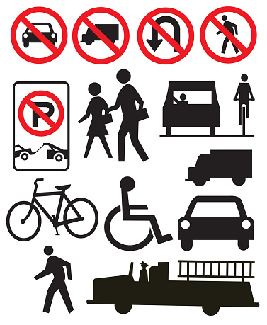 Graphic icon illustrations of various Traffic or Street signs. No parking, share the road, fire station, cross walk, handicap, no parking, school crossing sign