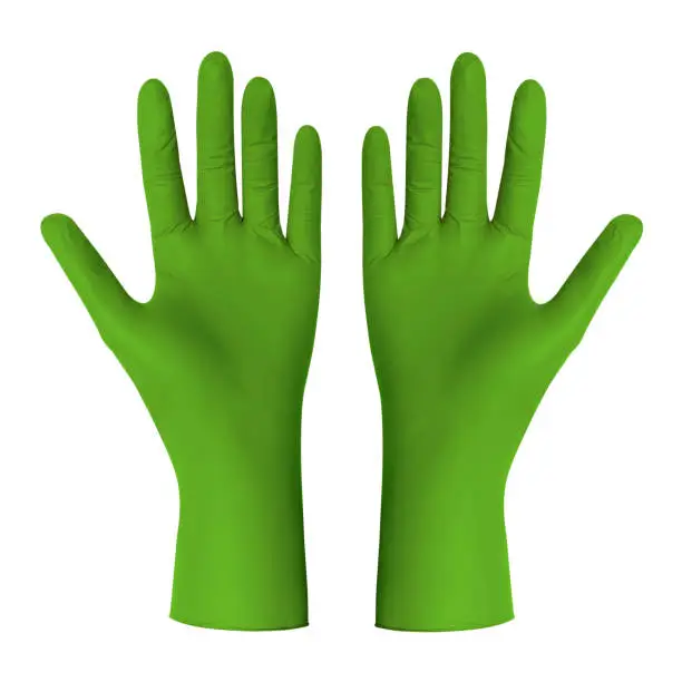 A pair of light green rubber plastic medical cleaning gloves open palms view isolated white
