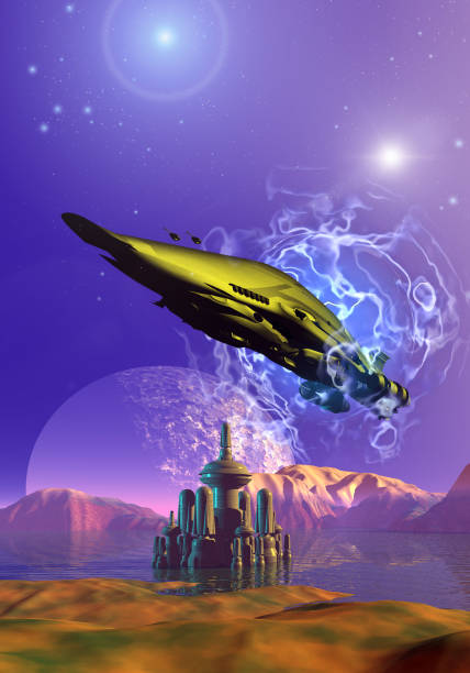 istock Spaceship flying over a futuritic city 933868690