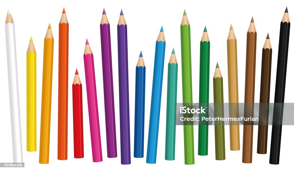 Matite colorate. Set di matite colorate disposte liberamente in diverse lunghezze - illustrazione vettoriale isolata su sfondo bianco. - arte vettoriale royalty-free di Matita