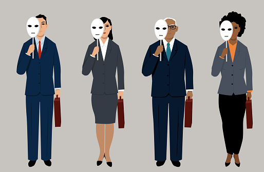 Diverse job candidates hiding behind masks as a metaphor for eliminating bias in hiring process, EPS 8 vector illustration