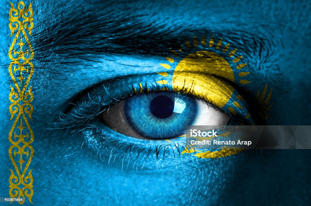 Human face painted with flag of Kazakhstan Cultures Stock Photo