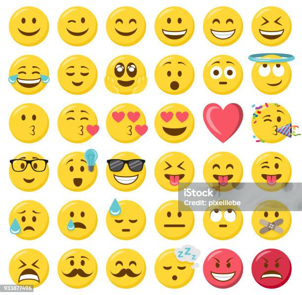 Smileys Emoji Emoticons Flache Design Sets Stock Vektor Art und mehr Bilder von Emoticon - Emoticon, Dem menschlichen Gesicht ähnliches Smiley-Symbol, Lächeln