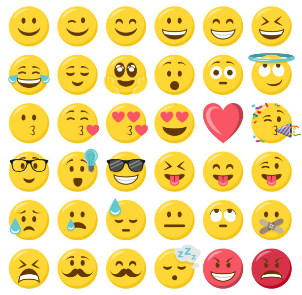 set desain datar emoticon emoji smileys - emotikon ilustrasi stok