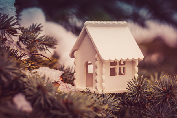 istock Miniature white house is on a pine branch in winter. Toned image 933877664