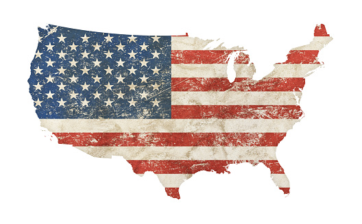 US map shaped old grunge vintage dirty faded shabby distressed American national flag isolated on white background