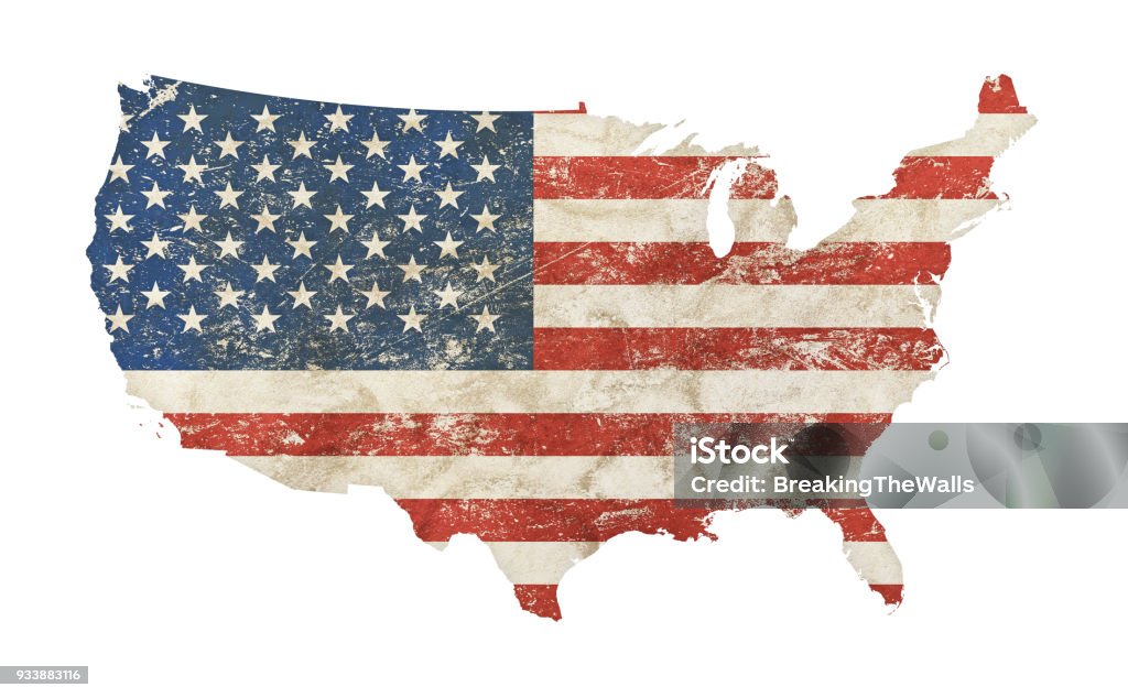US map shaped grunge vintage faded American flag US map shaped old grunge vintage dirty faded shabby distressed American national flag isolated on white background USA Stock Photo