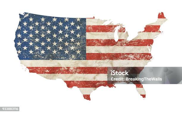 Us Map Shaped Grunge Vintage Faded American Flag Stock Photo - Download Image Now - USA, Map, Flag