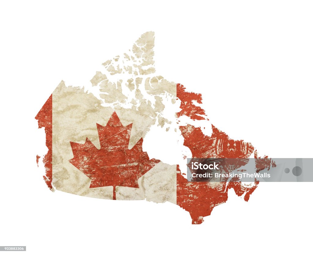 Map shaped old grunge vintage flag of Canada Canada map shaped old grunge vintage dirty faded shabby distressed Canadian flag with red maple leaf isolated on white background Canada Stock Photo