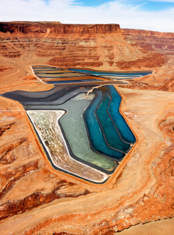 Aerial landscape of tailing ponds for mineral waste in rural Utah, United States.