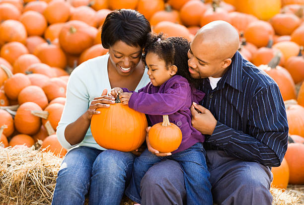Family at pumpkin patch. stock photo