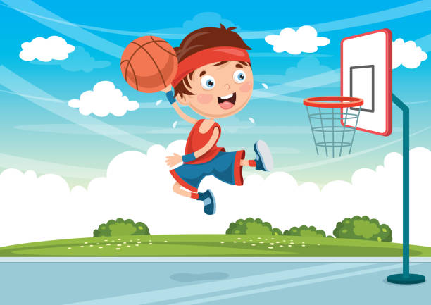 illustrations, cliparts, dessins animés et icônes de illustration vectorielle de kid jouant au basketball - tennis child sport cartoon