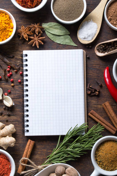 istock Open recipe book with fresh herbs and spices 933894118
