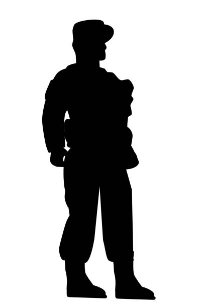 istock Set of Silhouette of Four Soldier, Low Angle Perspective, at Transparent Effect Background 933894266