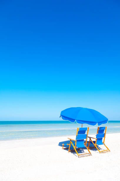 Lounge Chairs and Umbrella at the Beach blue beach loungers and umbrellas at white sandy beach clearwater florida photos stock pictures, royalty-free photos & images