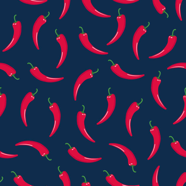 Seamless pattern with red hot chile peppers on blue background. Vector illustration of chili peppers. chili pepper pattern stock illustrations