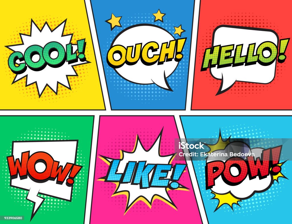 Retro comic speech bubbles set on colorful background. Expression text OUCH, COOL, LIKE, HELLO, WOW, POW. Vector illustration, vintage comic book design, pop art comic bubbles style. Pop Art stock vector