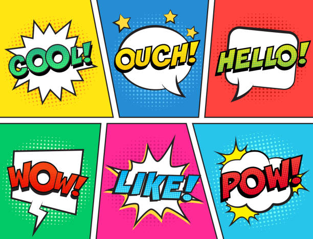 Retro comic speech bubbles set on colorful background. Expression text OUCH, COOL, LIKE, HELLO, WOW, POW. Vector illustration, vintage comic book design, pop art comic bubbles style. word cool stock illustrations