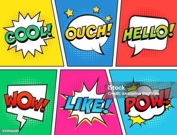 Retro Comic Speech Bubbles Set On Colorful Background Expression Text Ouch Cool Like Hello Wow Pow Stock Illustration - Download Image Now