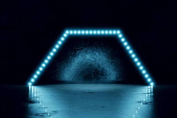 istock 3d rendering of blue lighten points hexagon shape and grunge wall background 933909084
