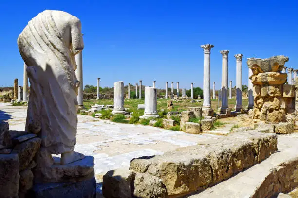 Beautiful view of Romans ruins of the city of Salamis, near Famagusta, Northern Cyprus.