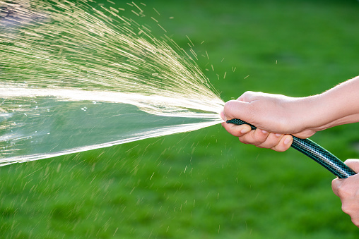Woman hand holding rubber water hose and using finger close end of rubber water hose to make  water spray with sunlight and green grass field in background. World Water Day concept