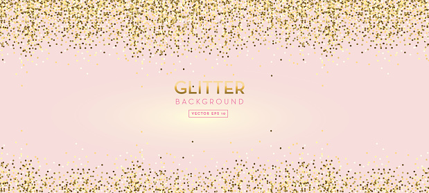 Golden Glitter shapes in motion on pastel pink background design template.