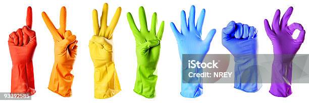 Raibow Color Rubber Gloves Stock Photo - Download Image Now - Orange Color, Protective Glove, Blue