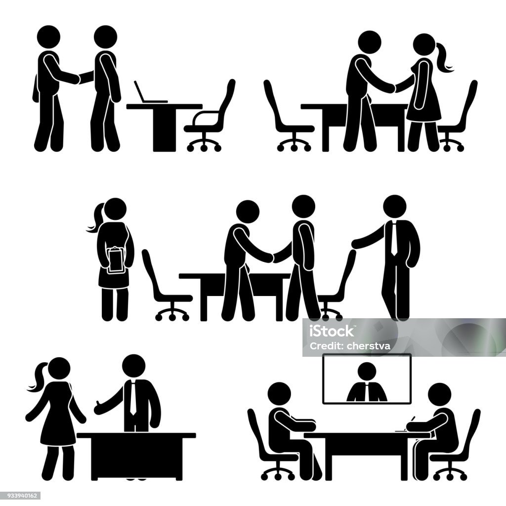 Stick figure negotiation icon set. Vector illustration of hands shaking meeting pictogram on white Handshake stock vector