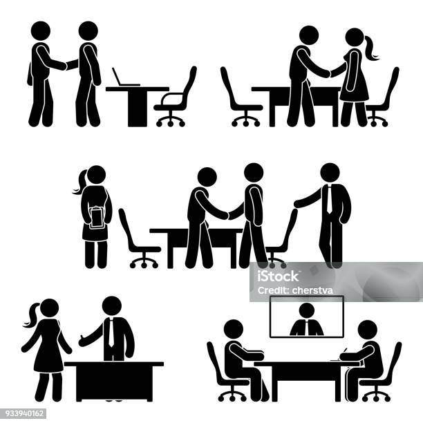 Stick Figure Negotiation Icon Set Vector Illustration Of Hands Shaking Meeting Pictogram On White Stock Illustration - Download Image Now