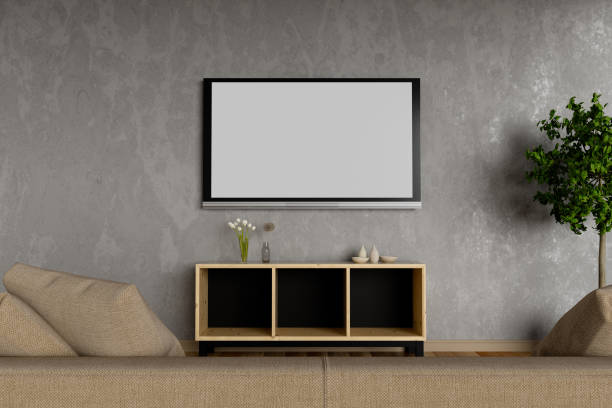istock TV hanging on cabinet in living room loft style with sofa. 3D Rendering. 933946128